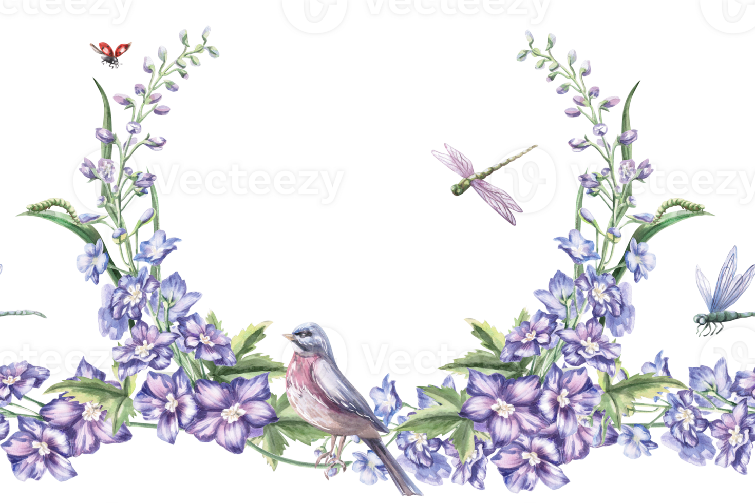 Seamless border with curved branches of delphinium and a bird. Isolated watercolor illustration of bouquets for design of packaging of cosmetic products, sweets, printing on clothes png