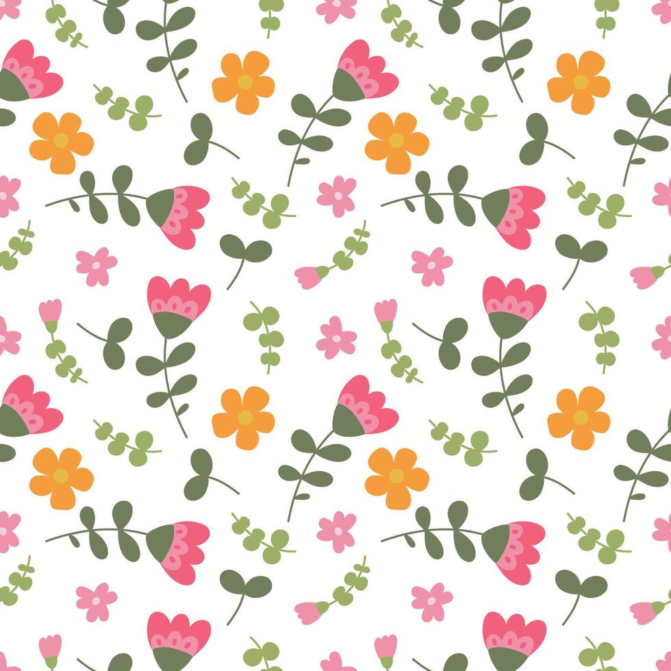 Seamless patterns with flowers, leaves, meadow and hand drawn illustrations on a white background. Cute summer wallpaper. vector