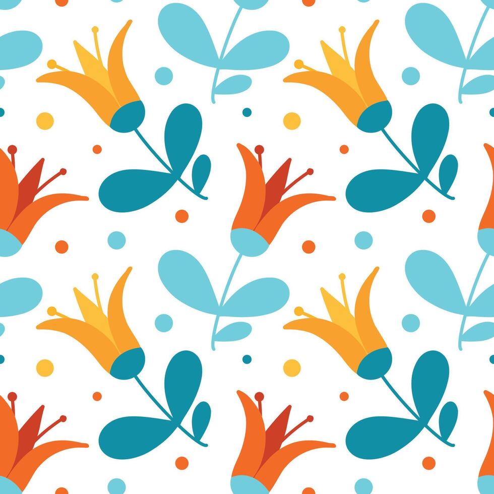 A pattern of cute spring elements. Flat illustration. Beautiful hand drawn flowers, floral decor, blooming garden for fabric. vector