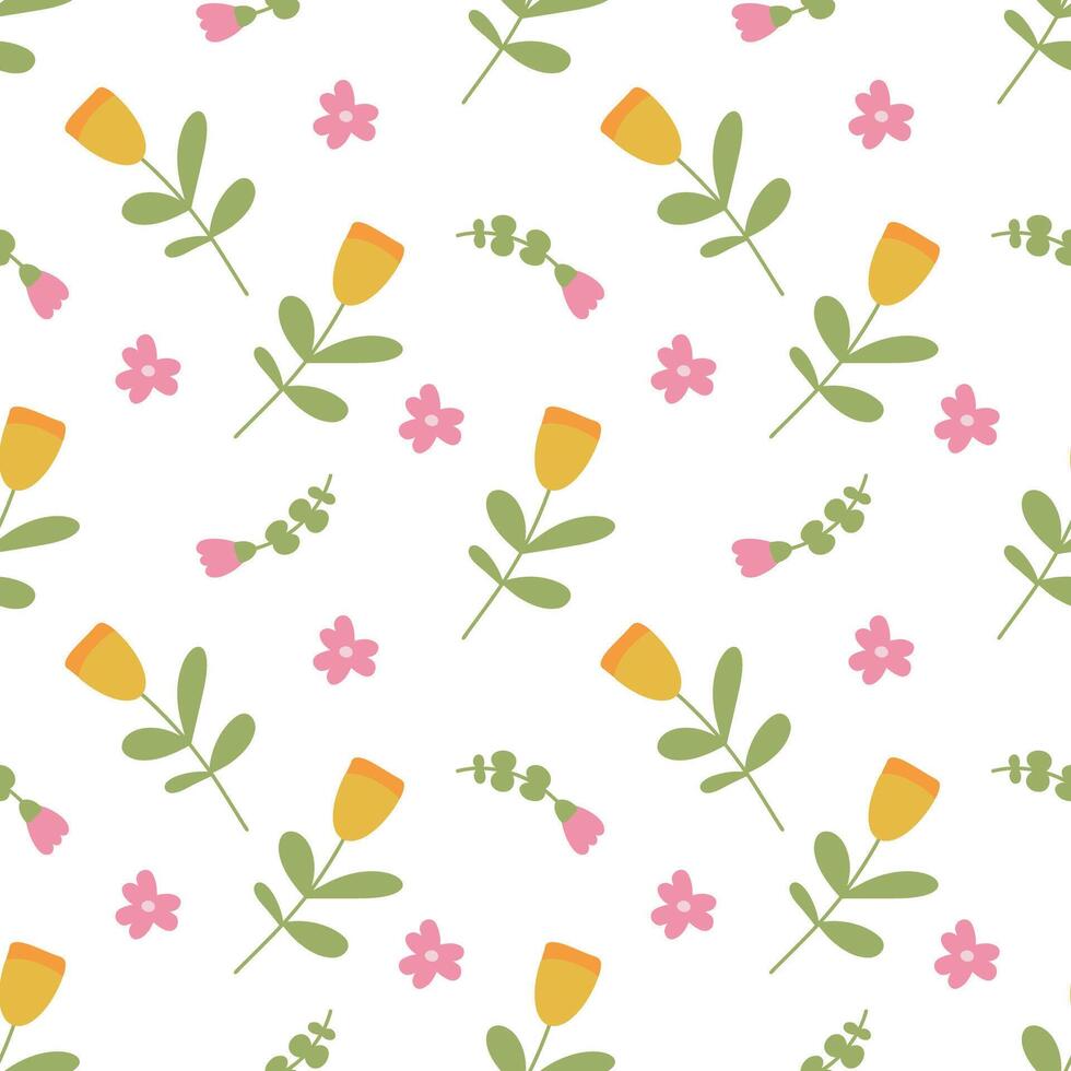 Seamless patterns with flowers, leaves, illustrations on a white background. Cute summer wallpaper. vector