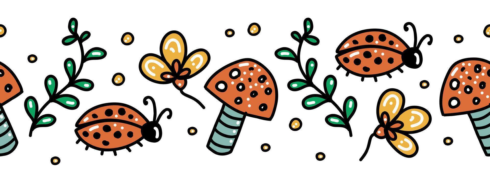 Interesting floral seamless border. Ladybug flies in flowers. vector