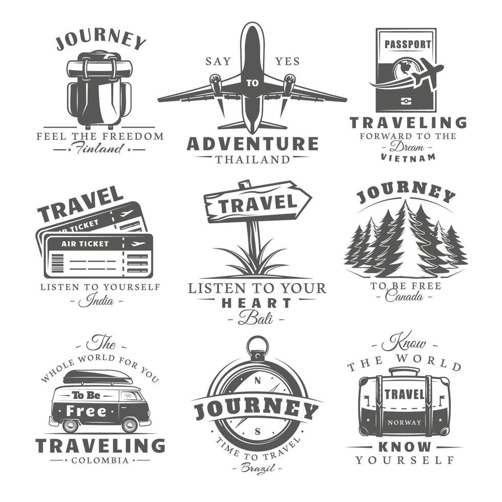 Set of vintage travel labels isolated on white background vector