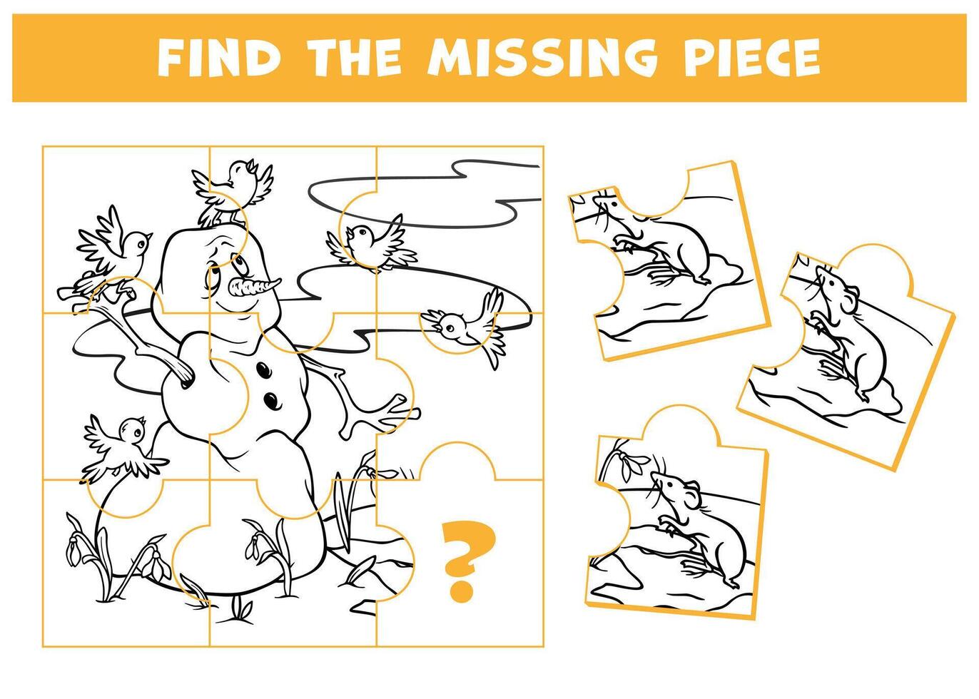 Find the missing puzzle piece. Educational game for kid with melting snowman, spring primroses and flying around birds. Choose correct element. Finish the picture. Attention task for school readiness vector