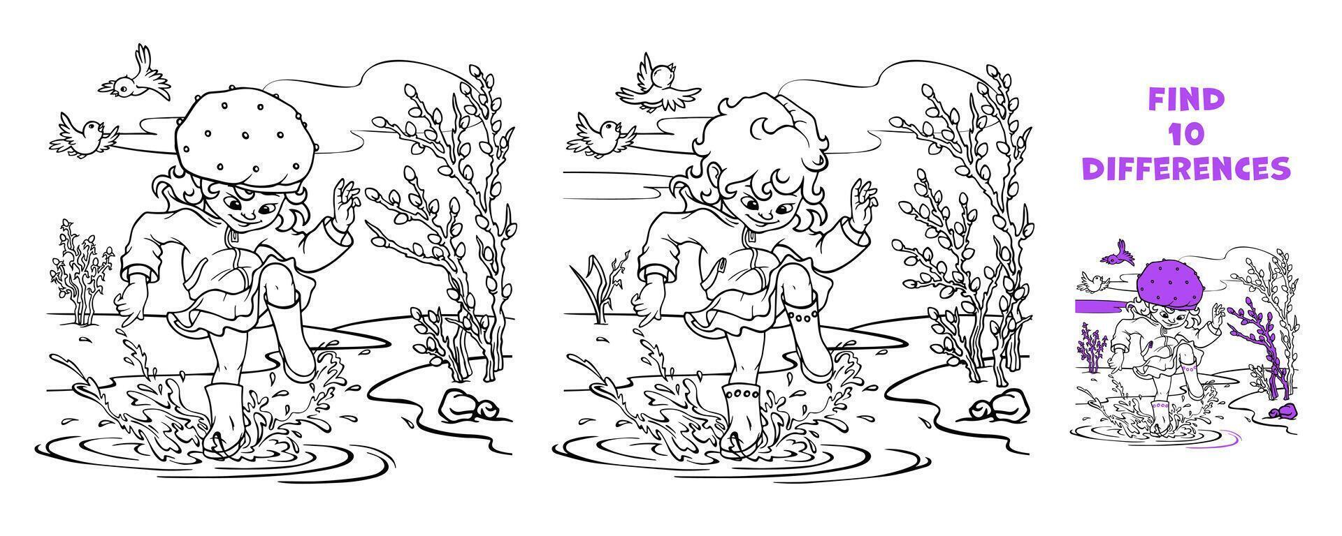 Matching game with child girl jumping, splashing and stomping joyfully in puddle after rain. Find the differences puzzle. Hand drawn outline educational scenery worksheet. Educational coloring page vector