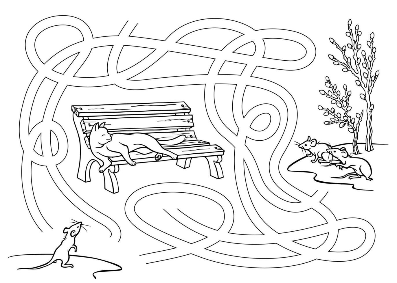Help a mouse to get to family and pass the cat unnoticed. Black and white hand drawn maze. Outline pathfinding illustration with park or yard scenery for learning or coloring. Educational quiz vector