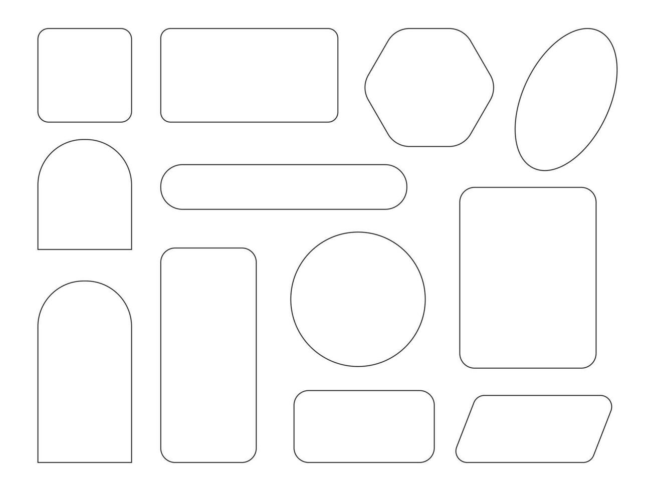 Minimalist Hand Drawn Frame Outline. A collection of 12 minimalist hand drawn frame shapes including rounded squares, rectangles, circles, and arches, perfect for modern and creative designs. vector