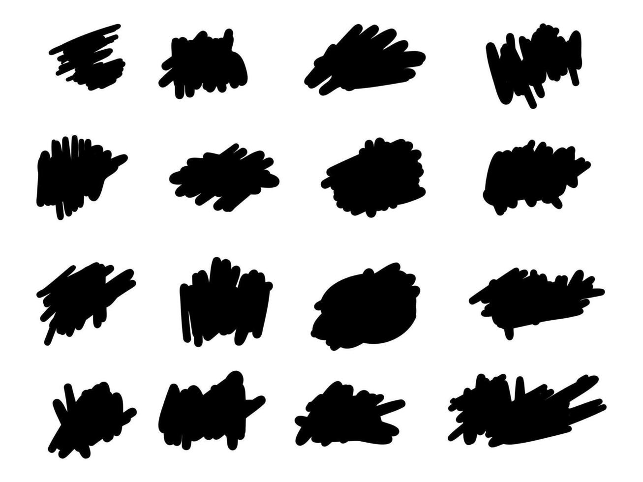 Hand Drawn Black Scribble Stroke. A set of 10 expressive hand drawn black scribble strokes in various shapes and densities. Perfect for adding texture or emphasis in modern and artistic designs. vector