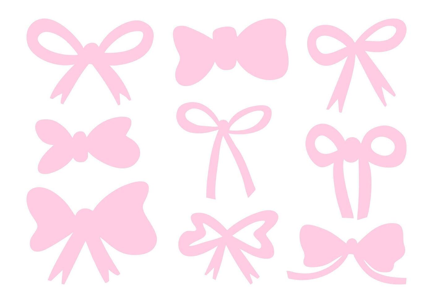 Pastel Pink Hand Drawn Ribbon Bow. A collection of 9 pastel pink ribbon bows in various hand drawn styles, featuring minimalist, elegant, and whimsical shape perfect for decoration and feminine design vector