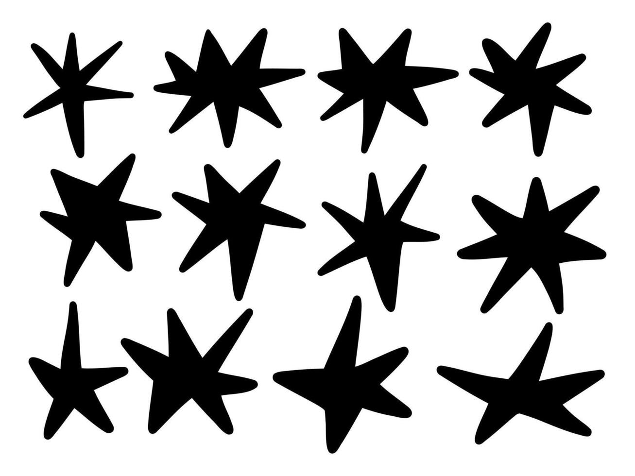 Whimsical Hand Drawn Funky Star. A collection of 12 whimsical hand drawn funky star shapes with playful and irregular styles, perfect for modern, trendy, and creative designs. vector