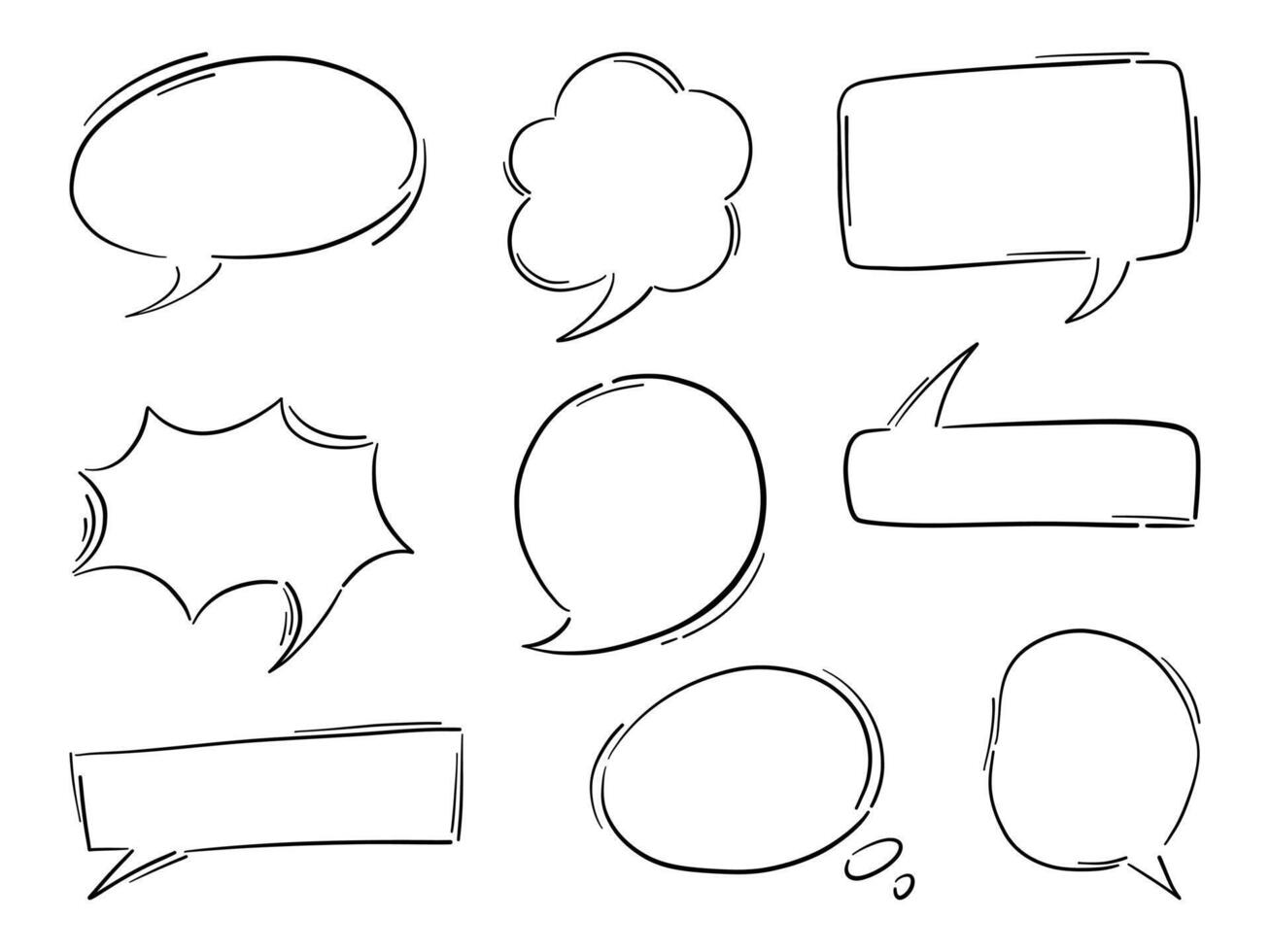 Hand Drawn Comic Speech Bubble Pack. A bundle of 9 sketch style speech bubble outlines in various shapes including round, rectangular, and comic bursts ideal for dialogue, stickers, and pop art design vector