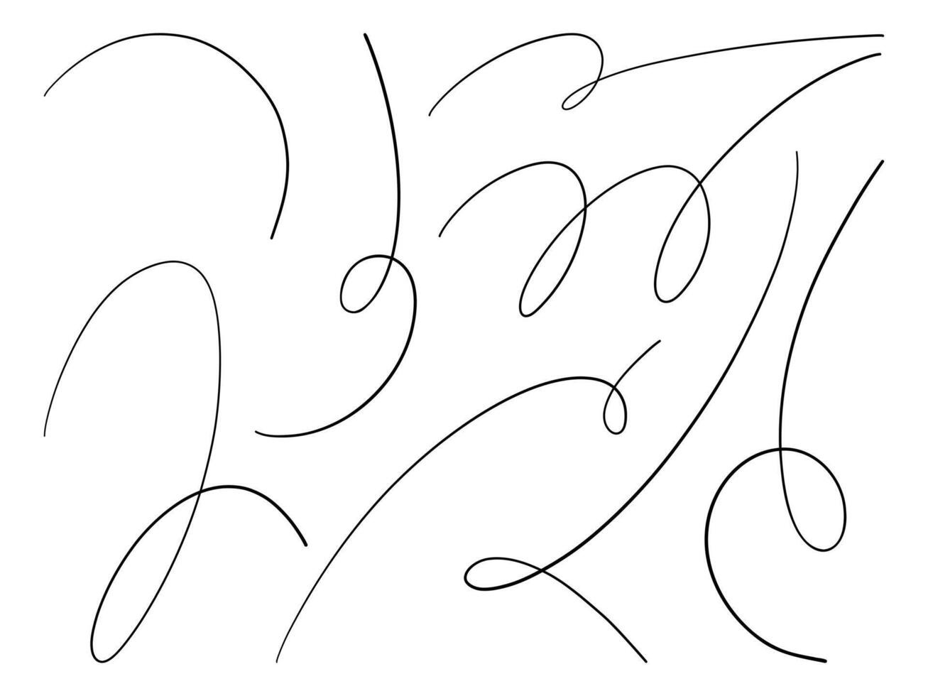 Elegant Minimal Abstract Swirl Line. A collection of 8 abstract line strokes featuring graceful loops, flowing arcs, and airy curves in minimalist black line art, perfect for decorative accents vector