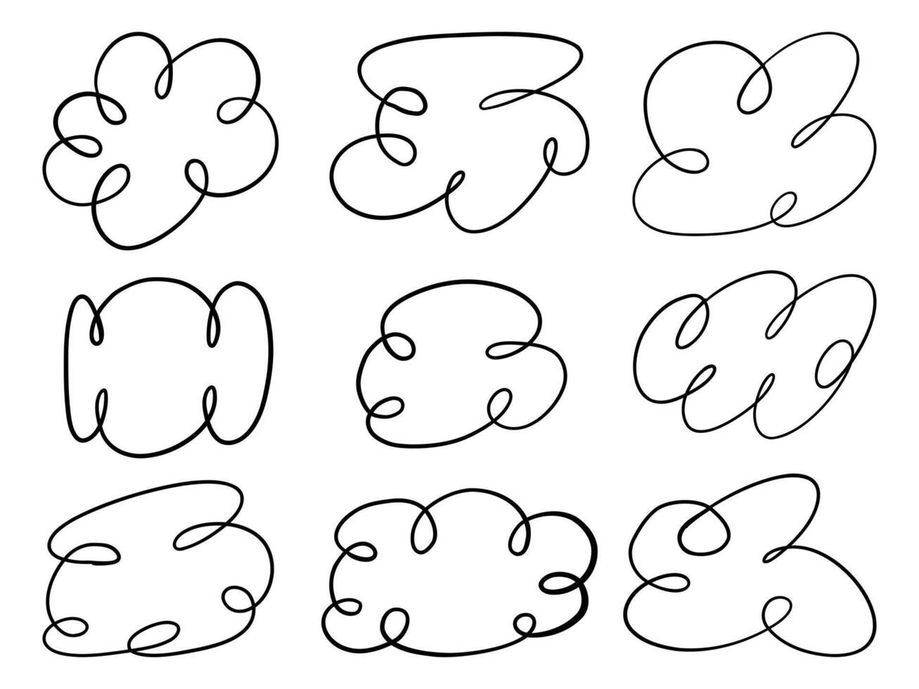 Abstract Hand Drawn Cloud Loop. A collection of 9 abstract cloud shapes made from continuous hand drawn loops and swirls in minimalist line art style perfect for decorative design accents vector