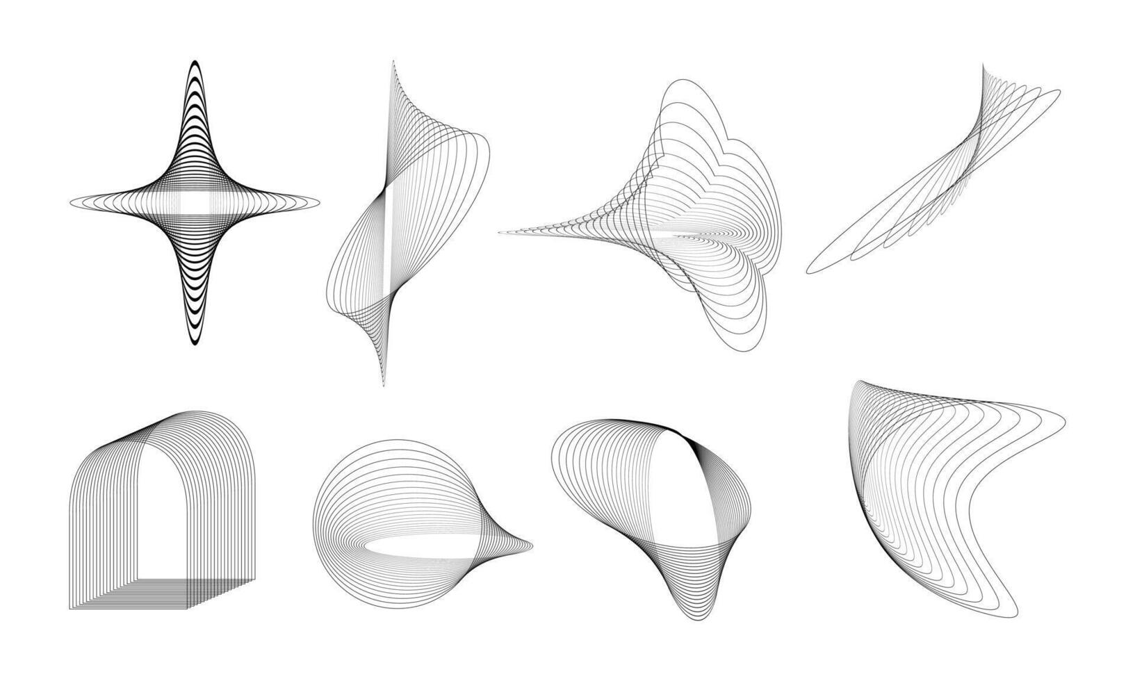 Dynamic Hand Drawn Abstract Line Shape. A collection of 8 dynamic hand drawn abstract line shapes featuring twisting, flowing, and layered forms, perfect for modern and futuristic design projects. vector