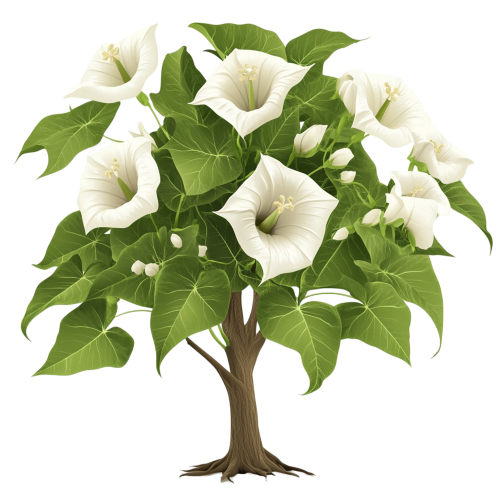 Blooming White Datura Flowers on Lush Green Tree Real Botanical work png
