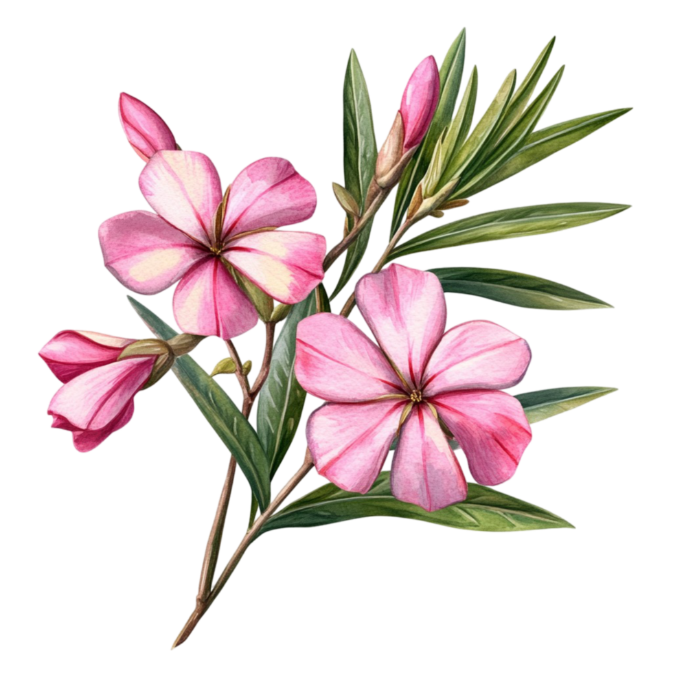 Vibrant Pink Oleander Flowers with Green Leaves and Buds png