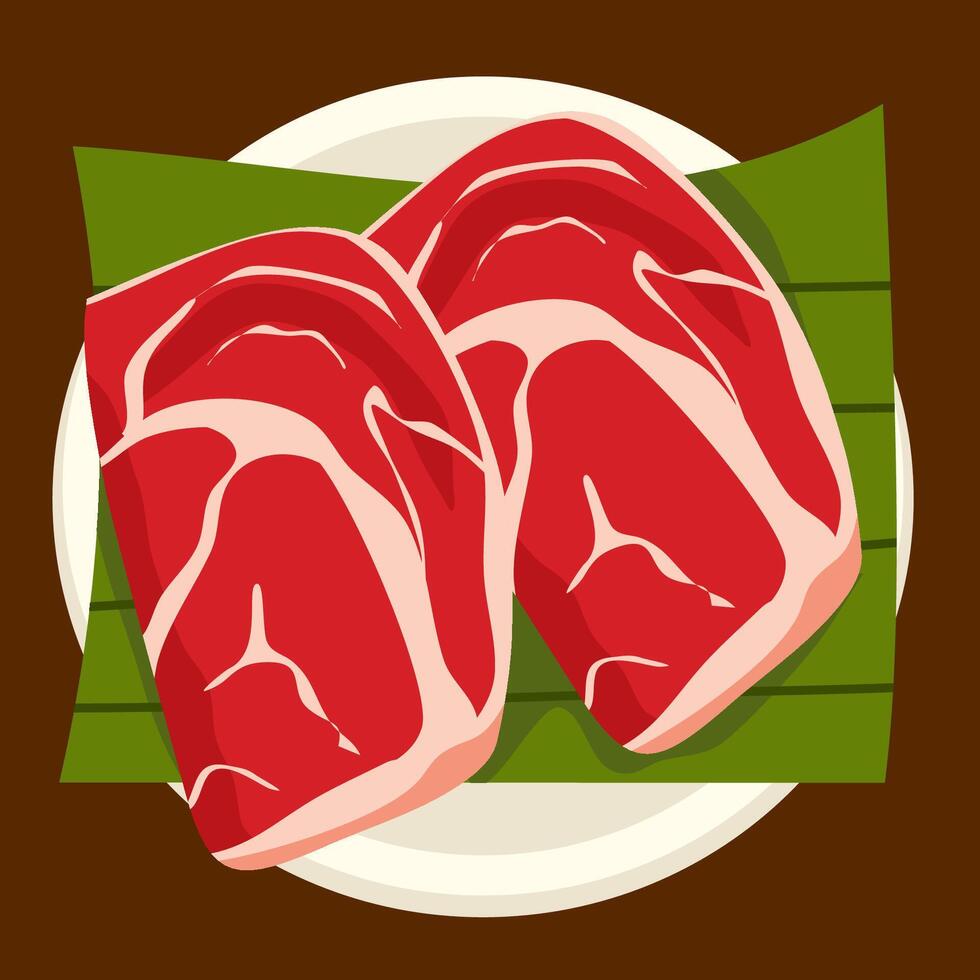 Raw meat on banana leaf illustration vector