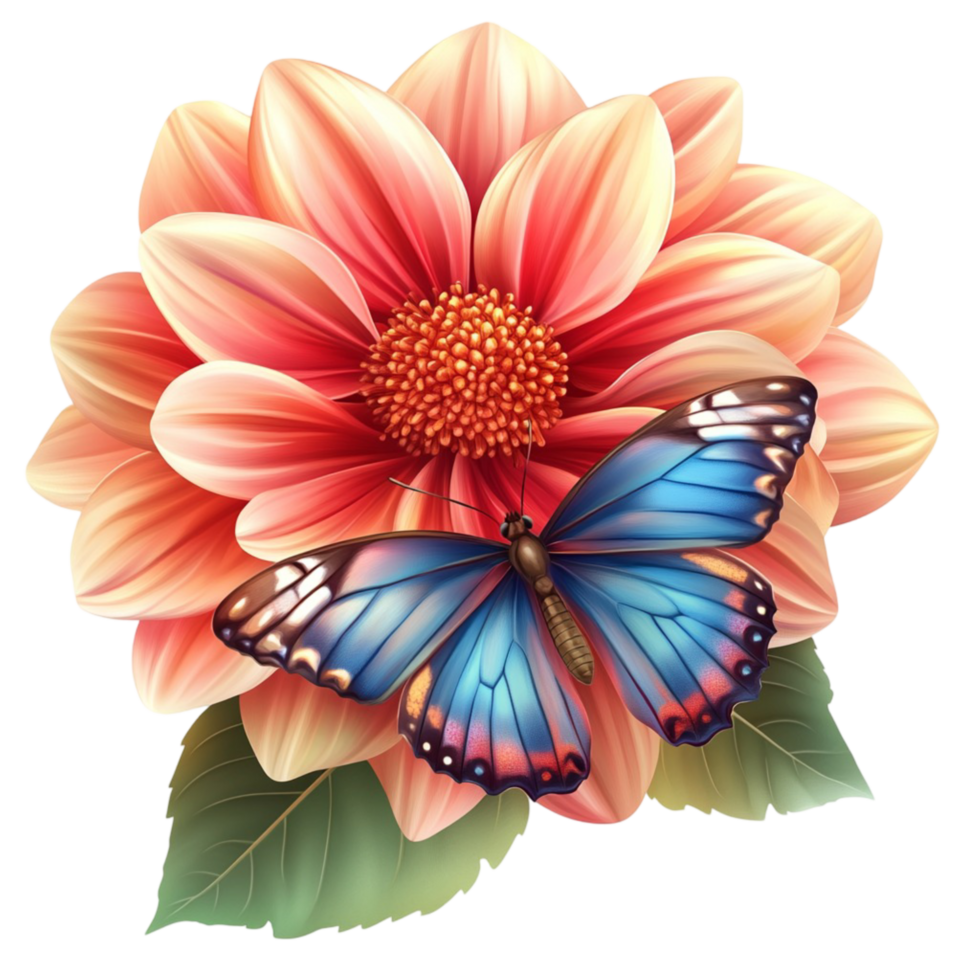 Bright red orange dahlia flower blue butterfly png