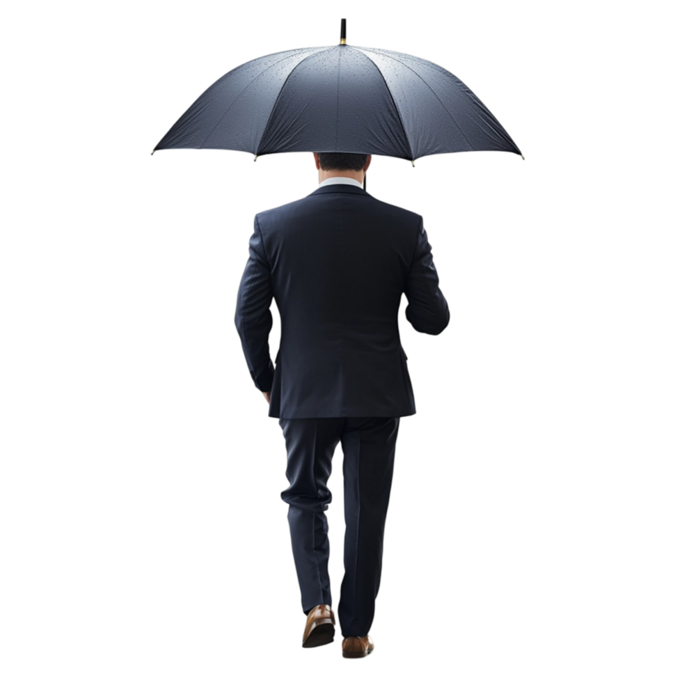 Businessman with Umbrella Walking Away in the Rain Solitude and Determination Concept png