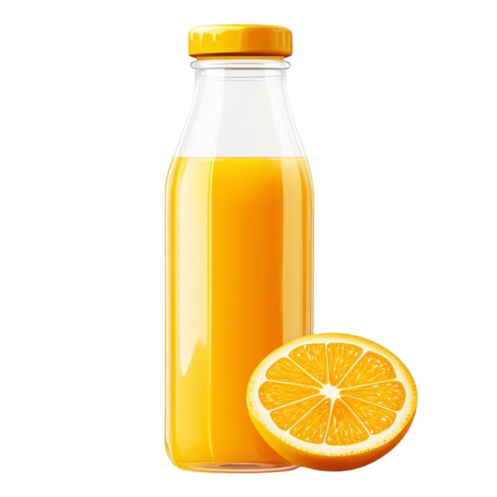 Clear Bottle of Orange Juice with Half Sliced Orange png