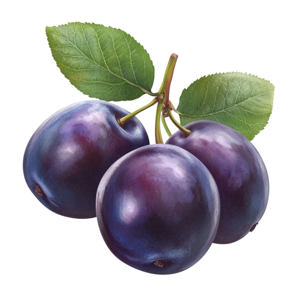 Cluster of Ripe Plums with Green Leaves Fresh Fruit Still Life png