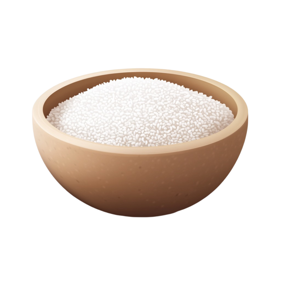 Brown Clay Bowl Full of Polisd Short Grain Rice png