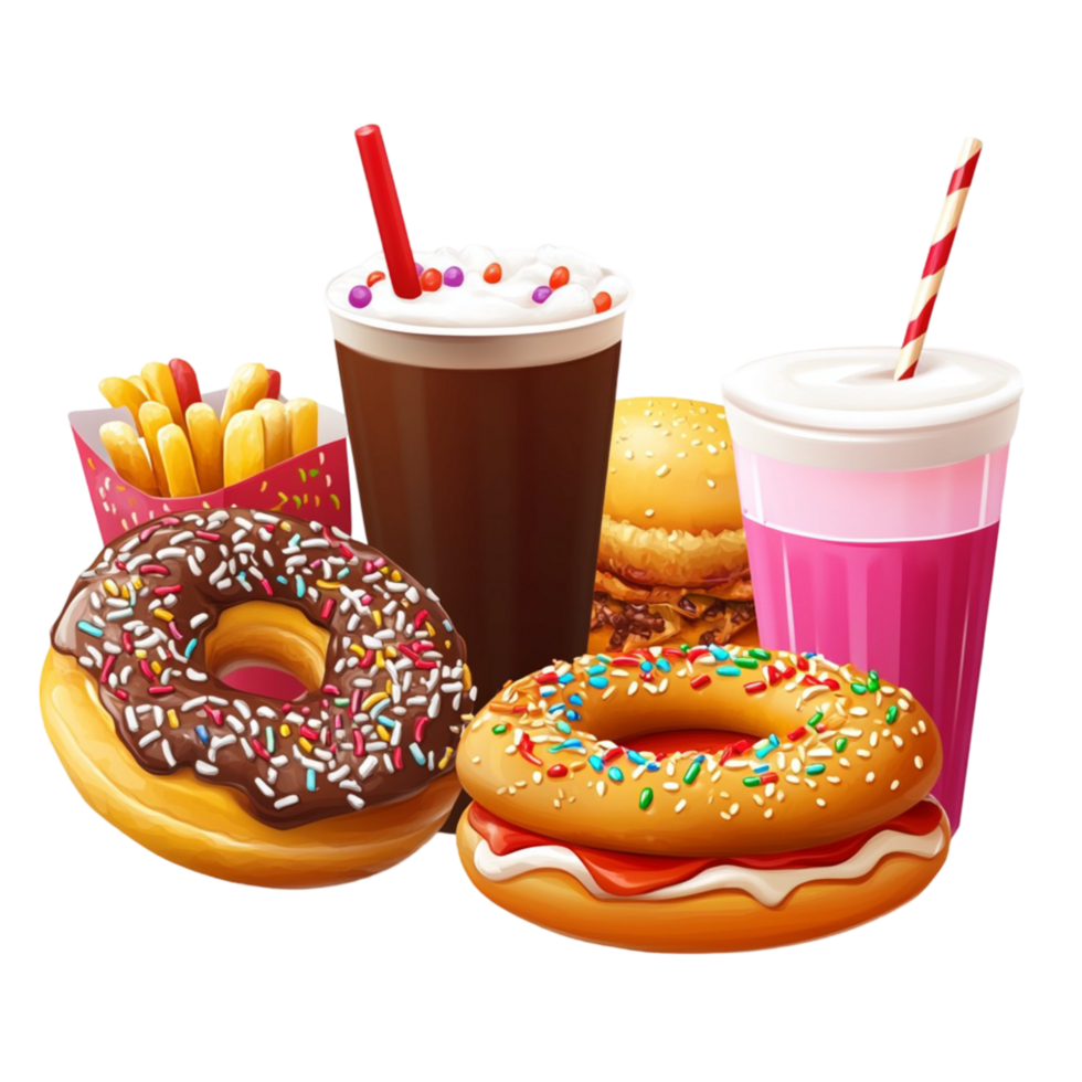 Tempting Fast Food Set with Burgers Fries Duts and Pink Drink png