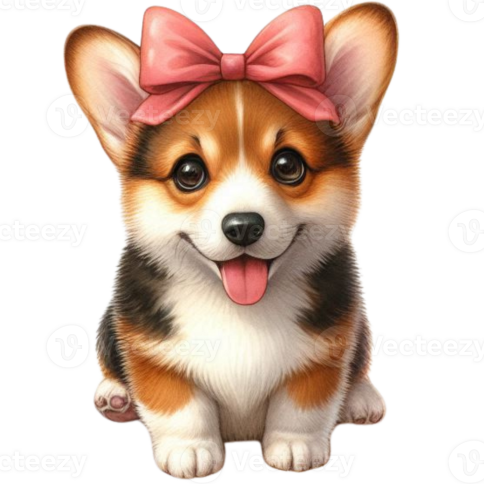 a cute corgi puppy with a pink bow on its head png