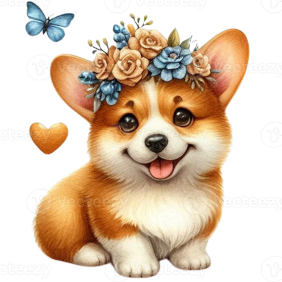 corgi puppy with flowers on his head and butterflies png