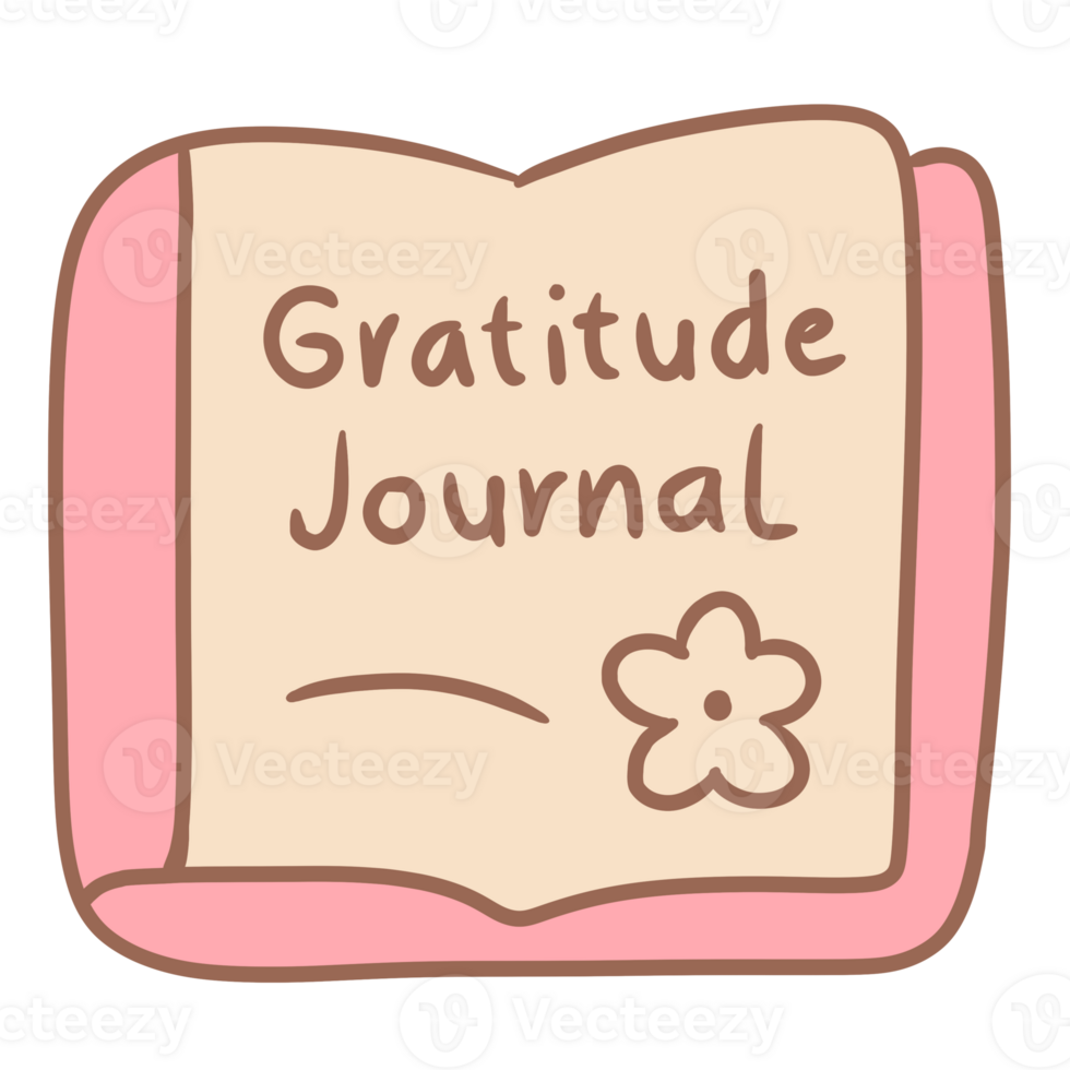Gratitude Journal, an open-page notebook with a small flower decoration on the side. png