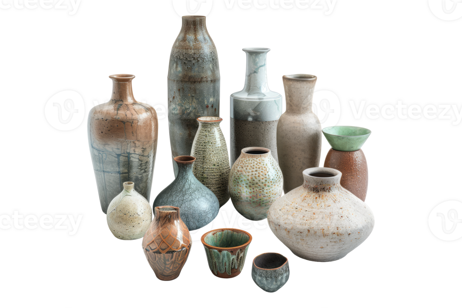 Assorted ceramic vessels of varying isolated on transparent background png