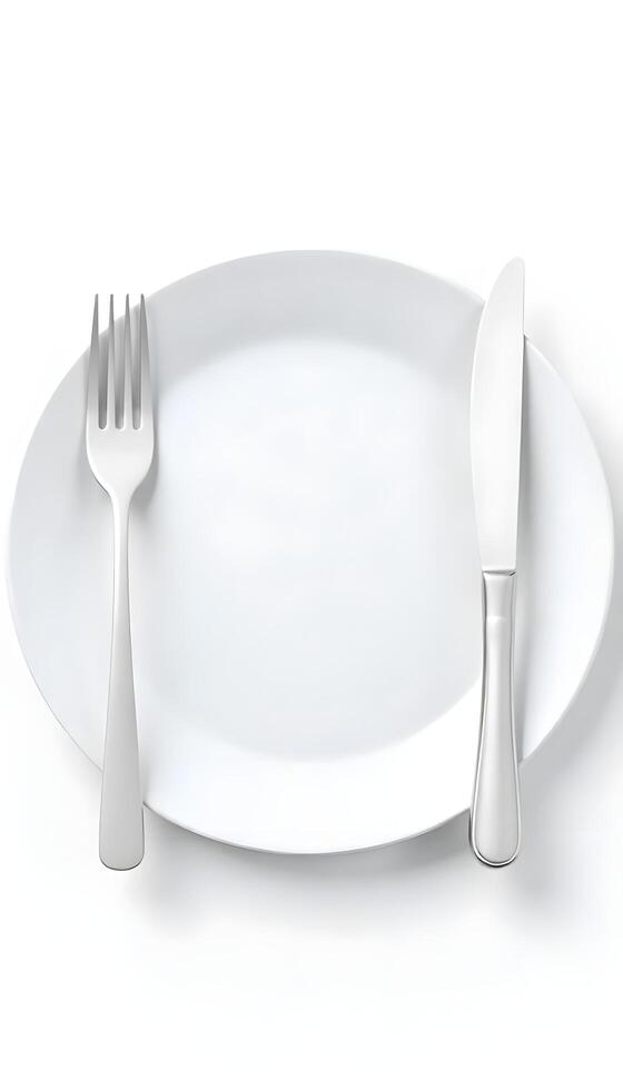 An empty plate with a knife and fork on it photo