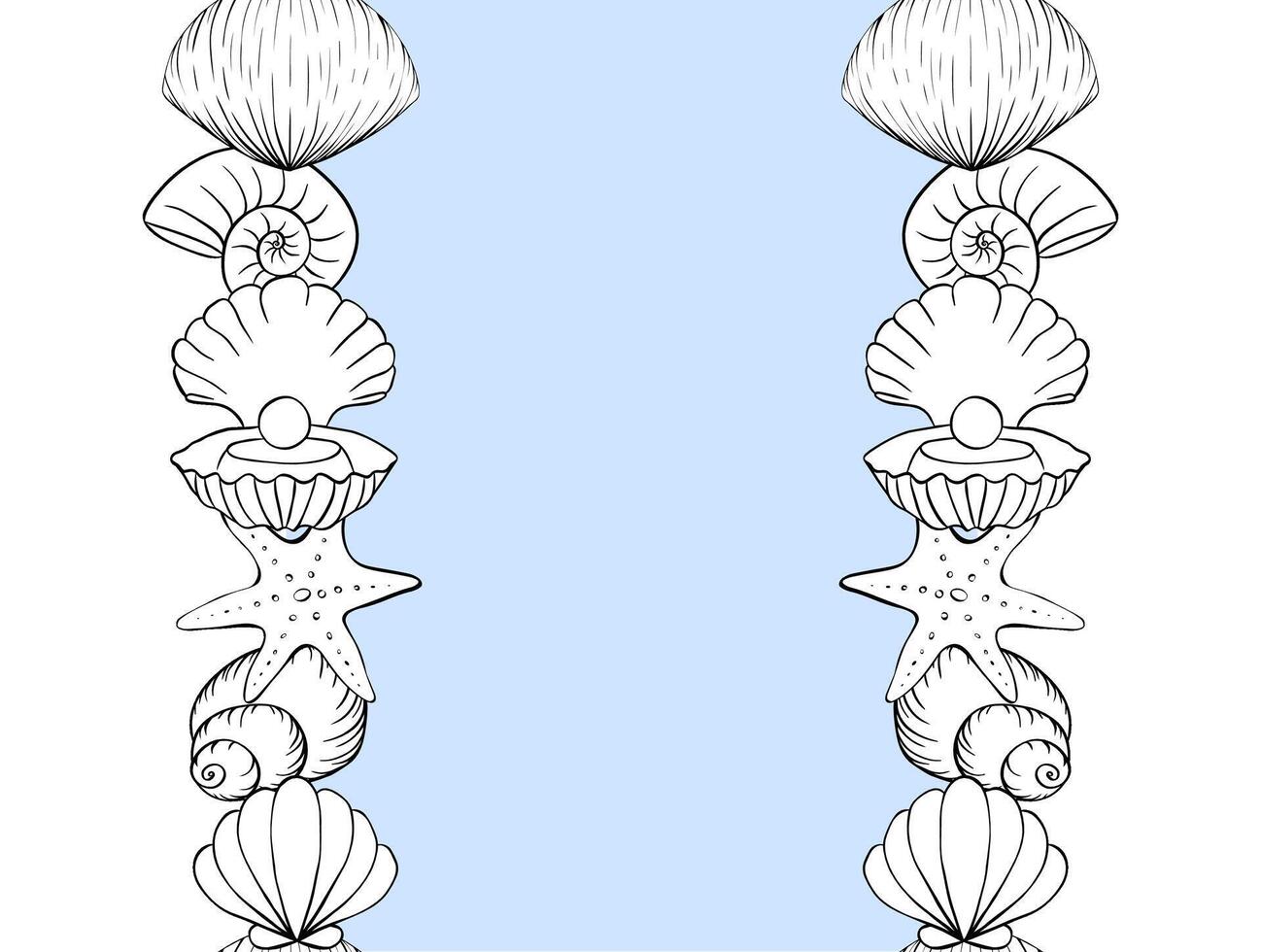 Seashells starfish frame seamless vertical border template for text. graphic line ink illustration. Marine life For poster, flyer, banner, invitation, social media, party or sale vector