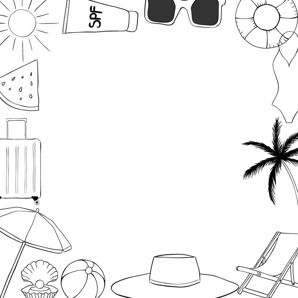 Beach vacation square frame template for text. graphic line ink illustration. Sample poster, party invitation, holiday banner, postcard. Design for package, cosmetic, textile, cards. vector