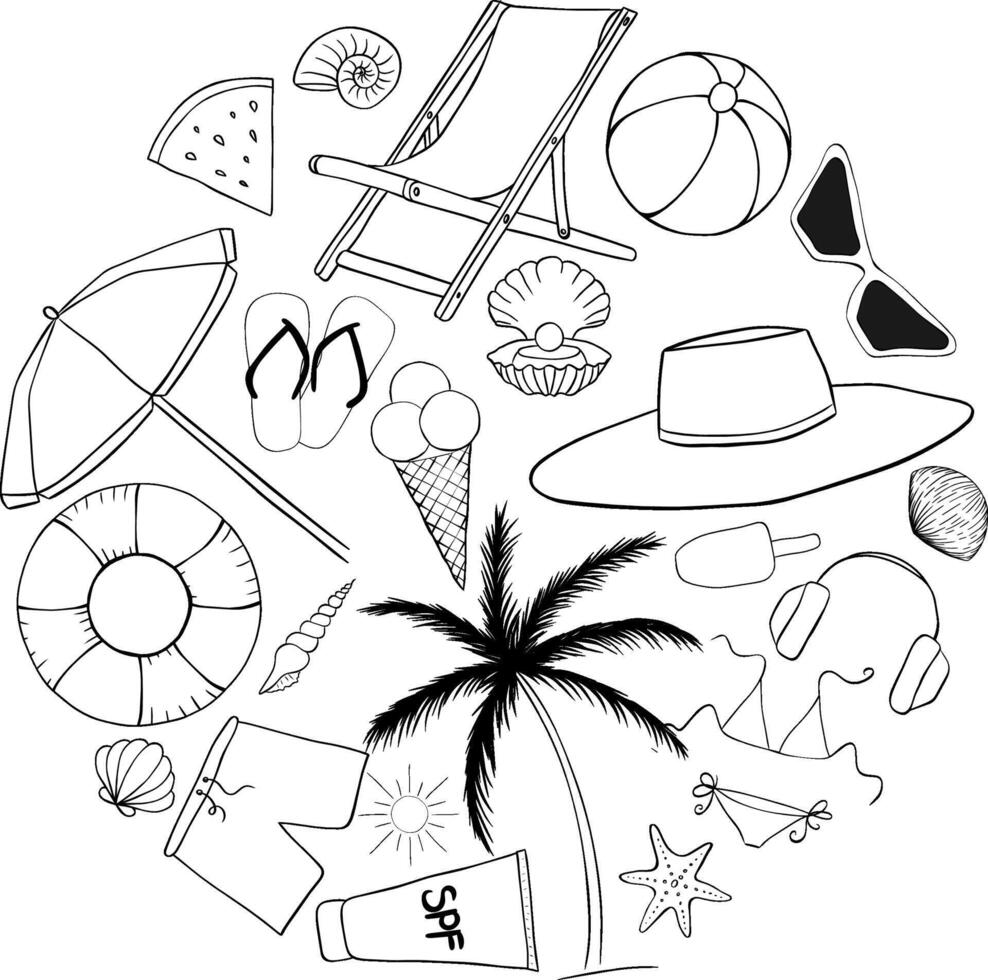 Sea beach essentials circle round composition. graphic line ink illustration. Banner, poster, wrapping paper, sticker, print, modern textile design. vector