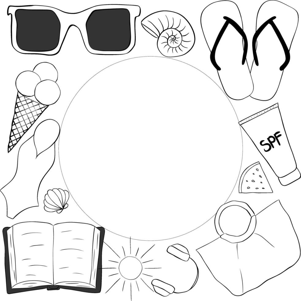 Beach essentials square frame template for text. graphic line ink illustration. template for card, cover, poster, social media post, banner. Coloring Sheet for Stress Relief and Relaxation vector
