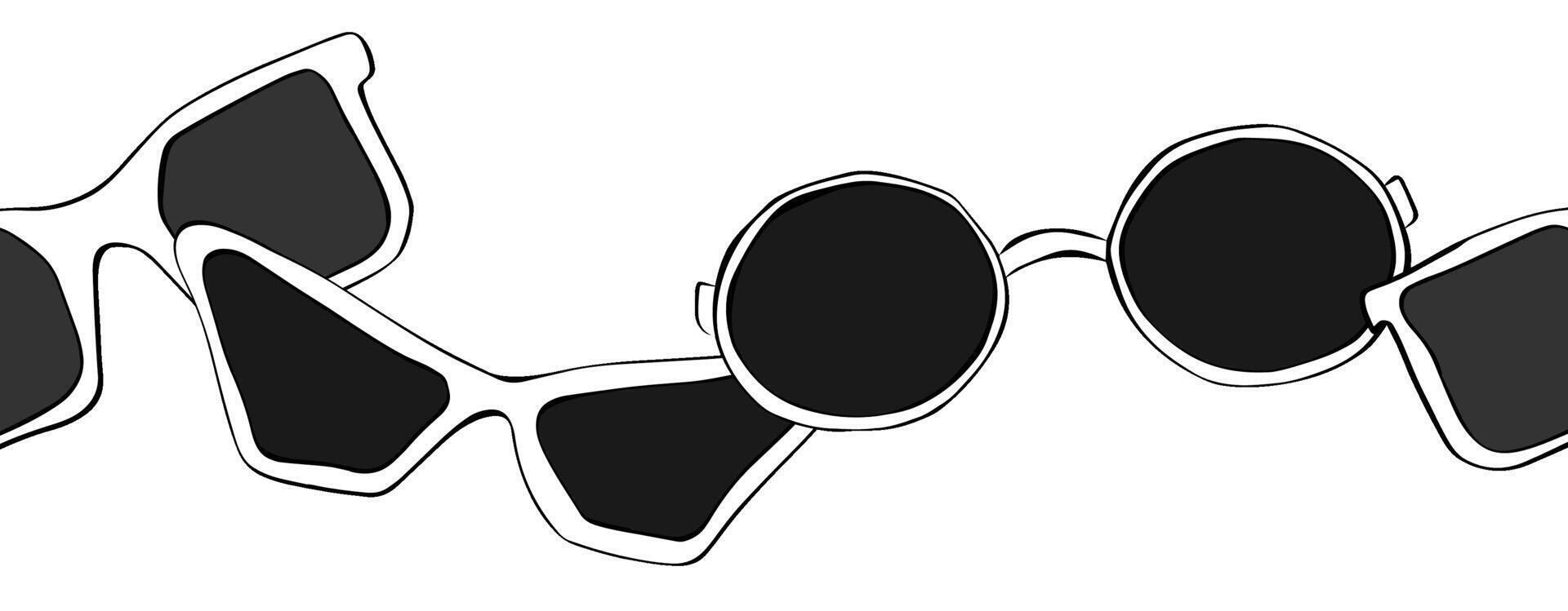 Sunglasses horizontal seamless border. graphic line ink Banner with traveling and tourism elements. Summer holiday background. for banners, print for fabric, labels, t-shirt printing. vector