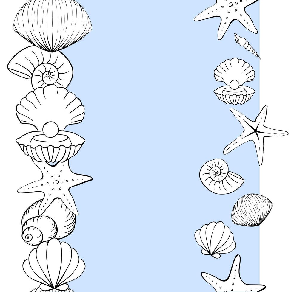 Seashells and starfish frame seamless vertical border template for text. graphic line ink illustration. Marine life For poster, flyer, banner, invitation, social media, party or sale vector