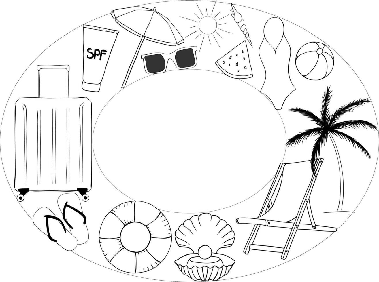 Beach vacation Oval frame template for text. graphic line ink illustration. Black silhouette with place for your text on white background. for banner, poster, brochure, wallpaper. vector