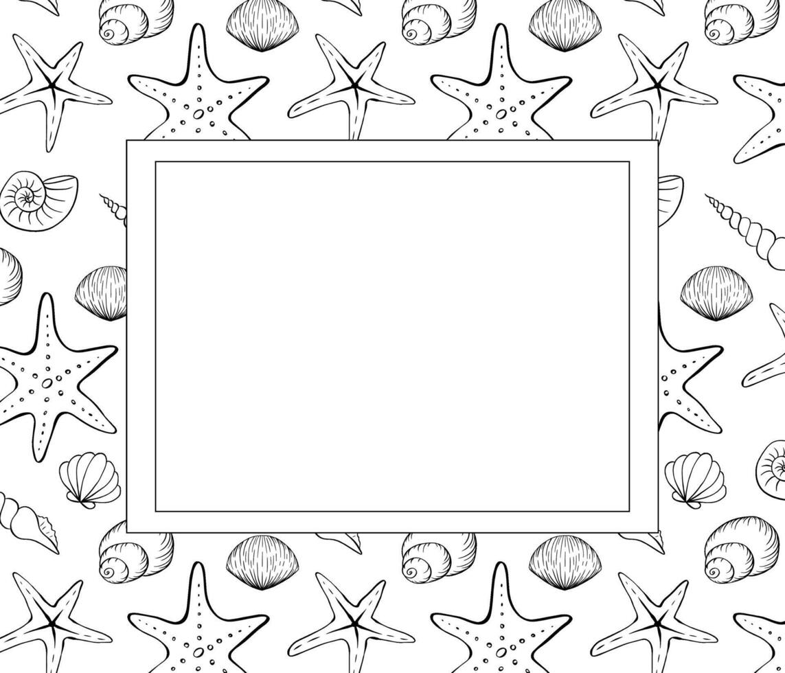 Seashell rectangle frame. graphic line ink illustration of seashells. Hand drawn linear drawing on isolated background. Design for package, cosmetic, textile, cards. vector