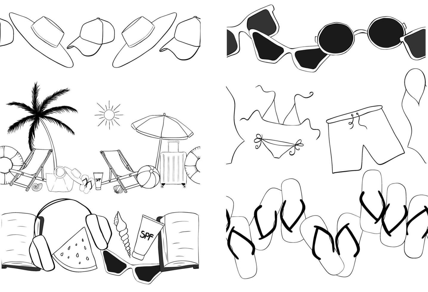 Beach essentials horizontal seamless border set. graphic line ink illustration. for package, vacation design, fabric and textile. logo, web, package, sticker. vector