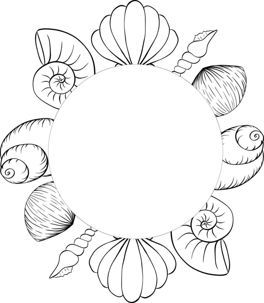 Seashells, starfish circle round frame template for text. graphic line ink illustration isolated on white. Round wreath with nautical elements for postcards, nautical party invitations. vector