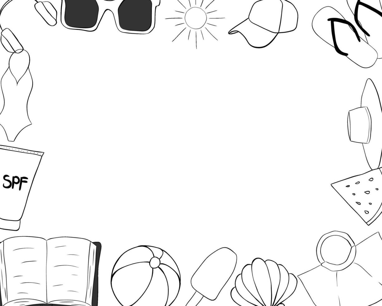 Beach essentials rectangle frame template for text. graphic line ink illustration. For vacation poster, beach party invitation, backdrop, ad, sale promotion, print for t-shirt vector