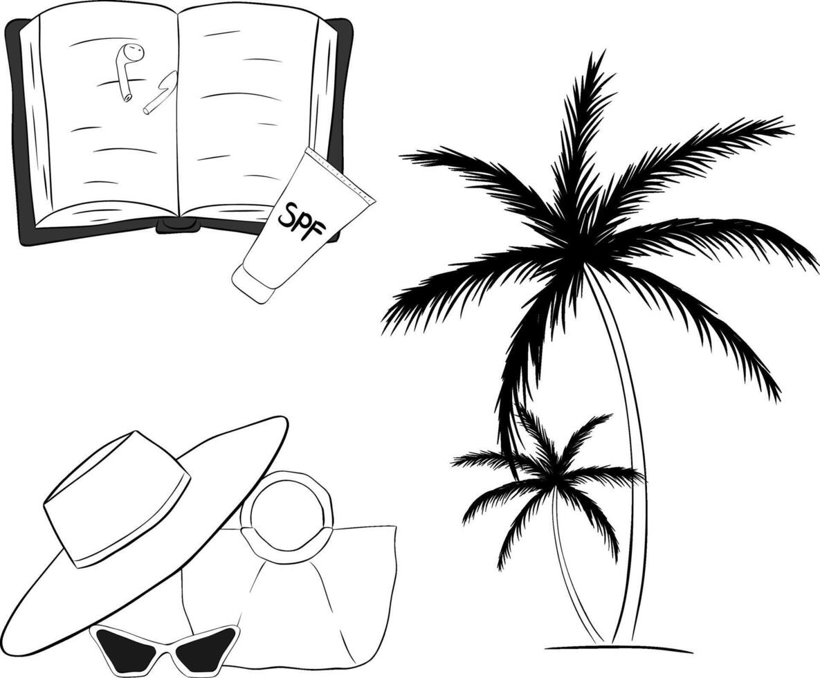 Beach essentials composition set. graphic line ink isolated. book, spf cream, hat, beach bag, sunglasses, palm trees. Banner, poster, wrapping paper, sticker, print, modern textile design. vector