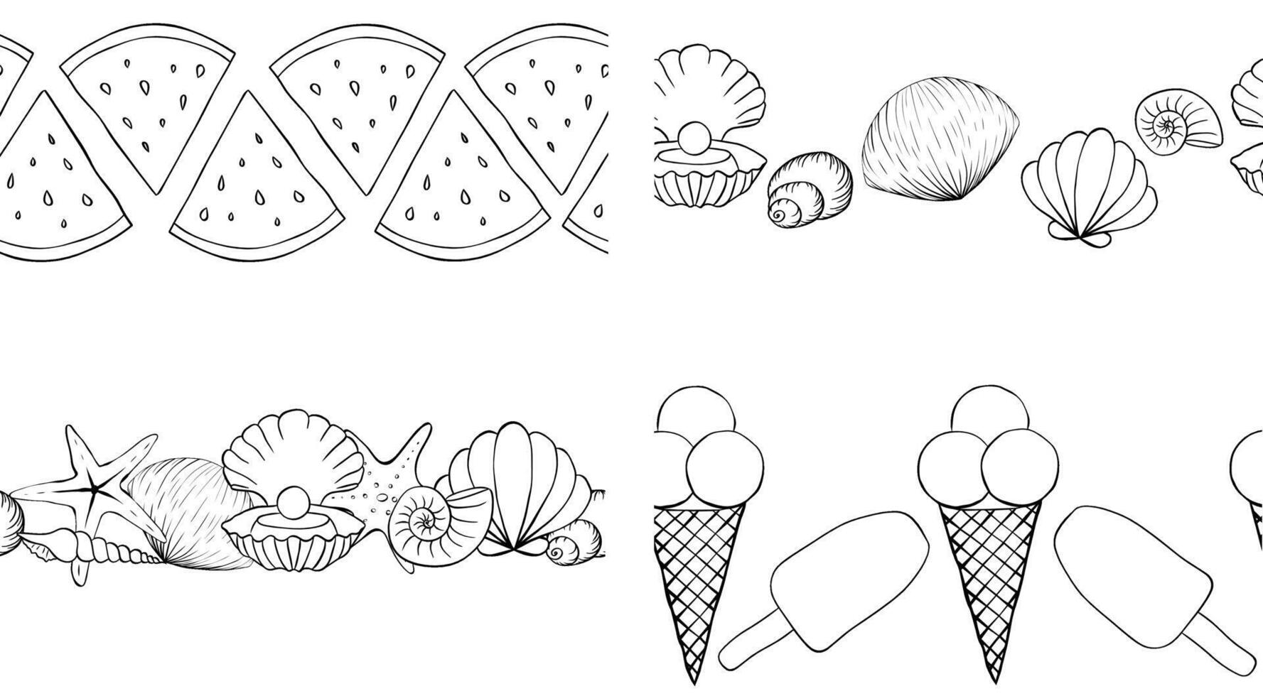 Ice Cream, watermelon slices, seashells seamless horizontal border set. graphic line ink illustration. For vacation poster, beach party invitation, ad, sale promotion, print for t-shirt vector