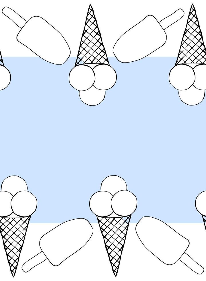 Ice cream frame seamless horizontal border template for text. graphic line ink illustration. Tasty bright ice cream stick and cones for package design, promotion flyer vector
