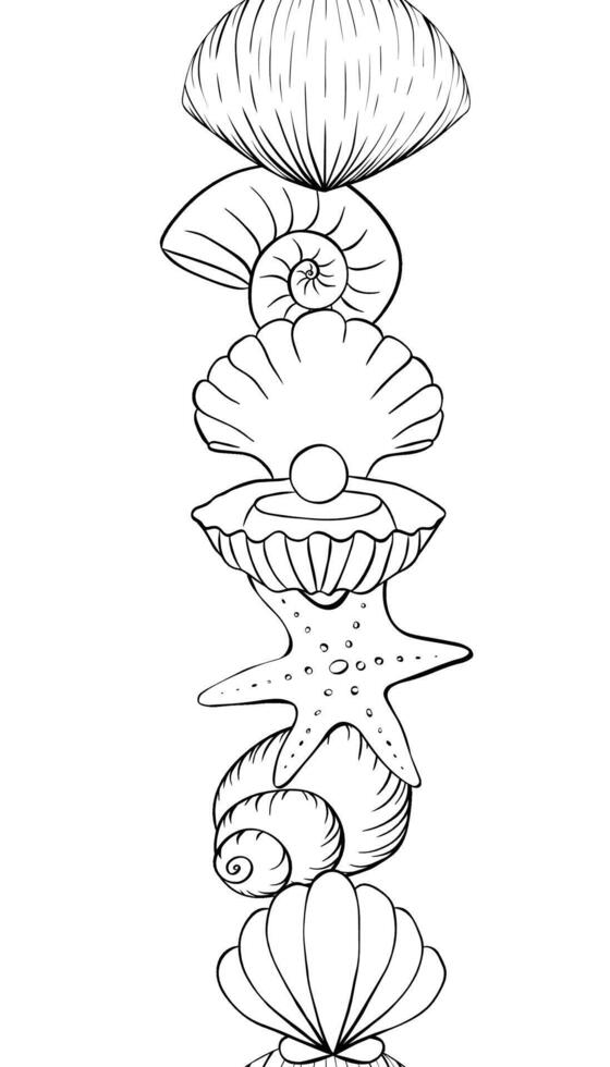 Sea shell close up seamless Vertical border. graphic line ink pattern, summer background, great for textiles, banners, wallpapers. for banners, print for fabric, labels, t-shirt printing. vector