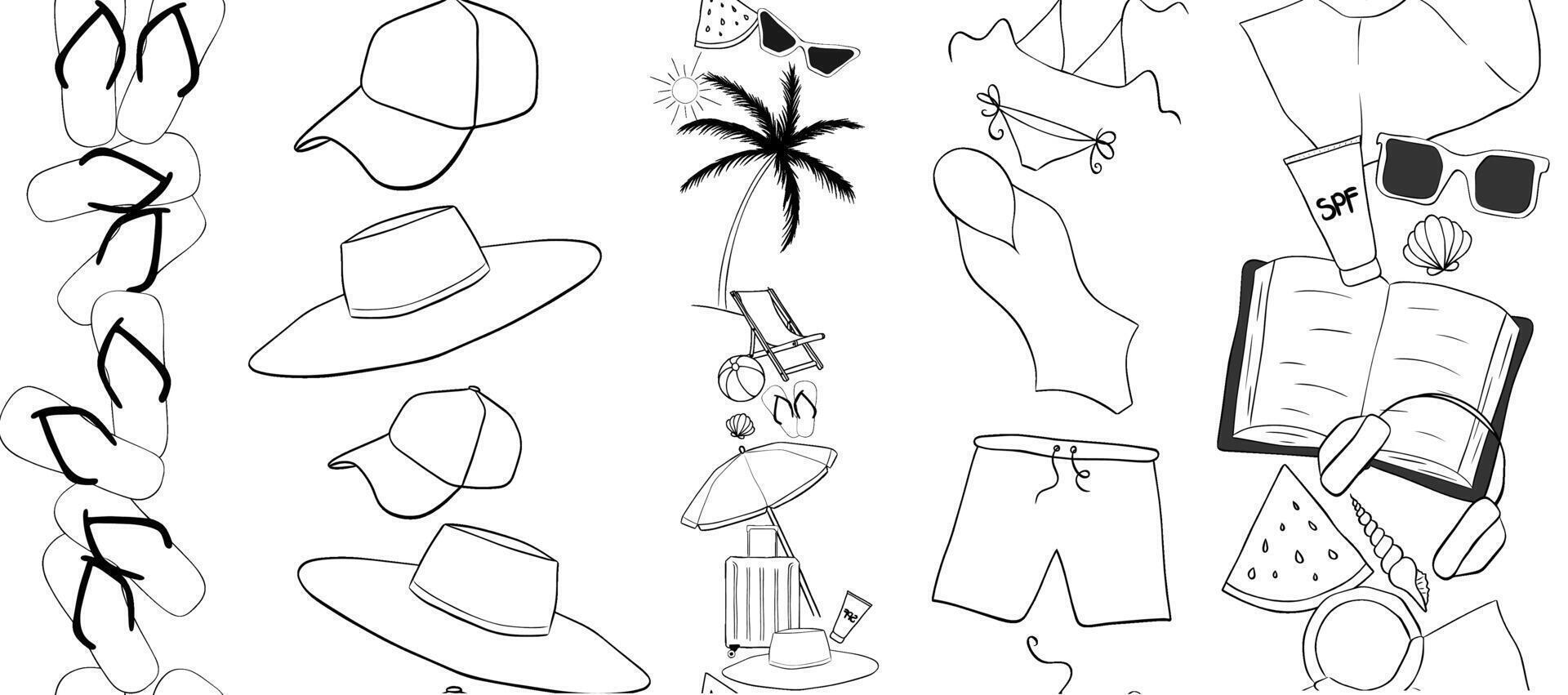 Beach essentials vertical seamless border set. graphic line ink illustration. for package, vacation design, fabric and textile. logo, web, package, sticker. vector