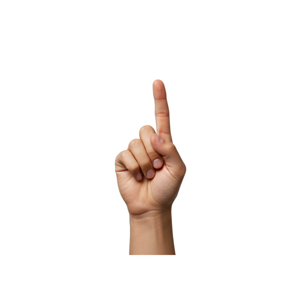 Elevated right hand finger points upward against a background of layered colors. png