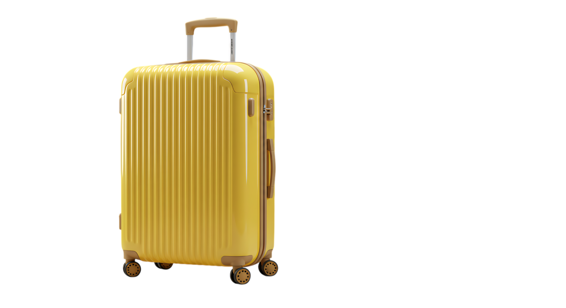 Modern yellow hard-shell rolling suitcase with extended handle, travel luggage for vacation or business trip, isolated on transparent background. png