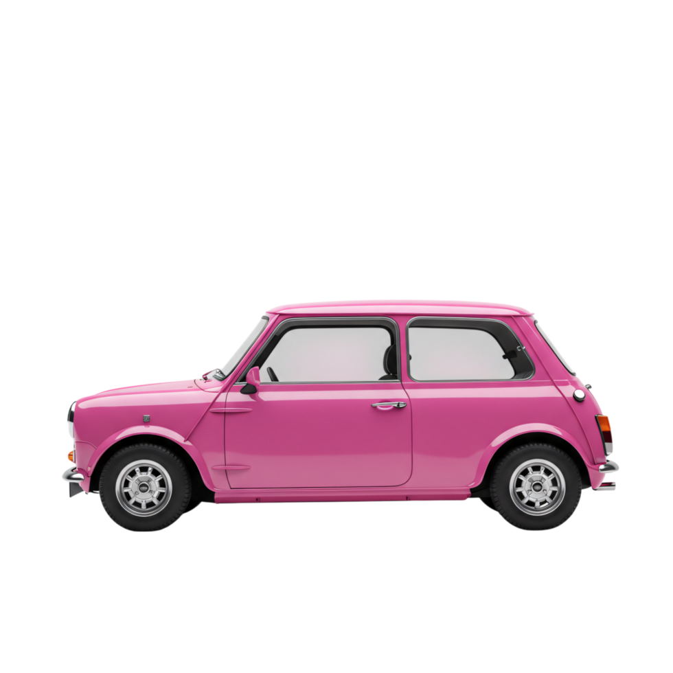 Side view of a vibrant pink classic mini car. png